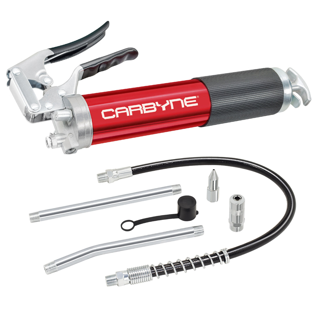 CARBYNE Grease Gun-Pistol Grip, 7500 PSI, Heavy Duty Prof. Quality, Anodized Alum Barrel. 18" HD Flex Hose, 6" Straight & Angled Tube, 3-Way Loading - Carbyne Tools