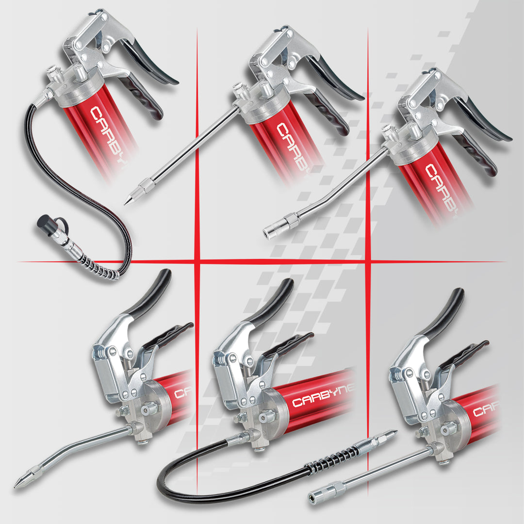 CARBYNE Grease Gun-Pistol Grip, 7500 PSI, Heavy Duty Prof. Quality, Anodized Alum Barrel. 18" HD Flex Hose, 6" Straight & Angled Tube, 3-Way Loading - Carbyne Tools
