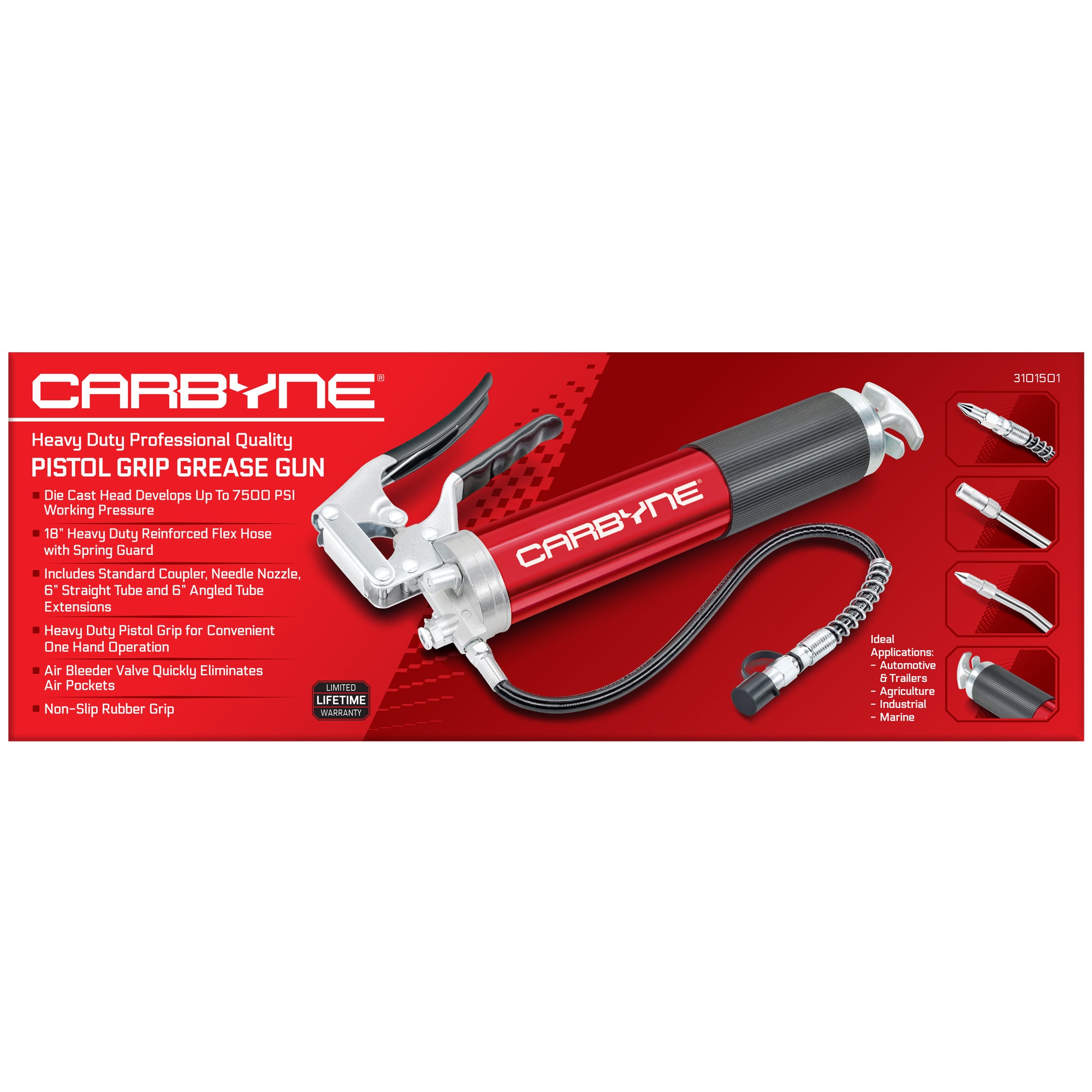 CARBYNE Grease Gun-Pistol Grip, 7500 PSI, Heavy Duty Prof. Quality, Anodized Alum Barrel. 18" HD Flex Hose, 6" Straight & Angled Tube, 3-Way Loading - Carbyne Tools