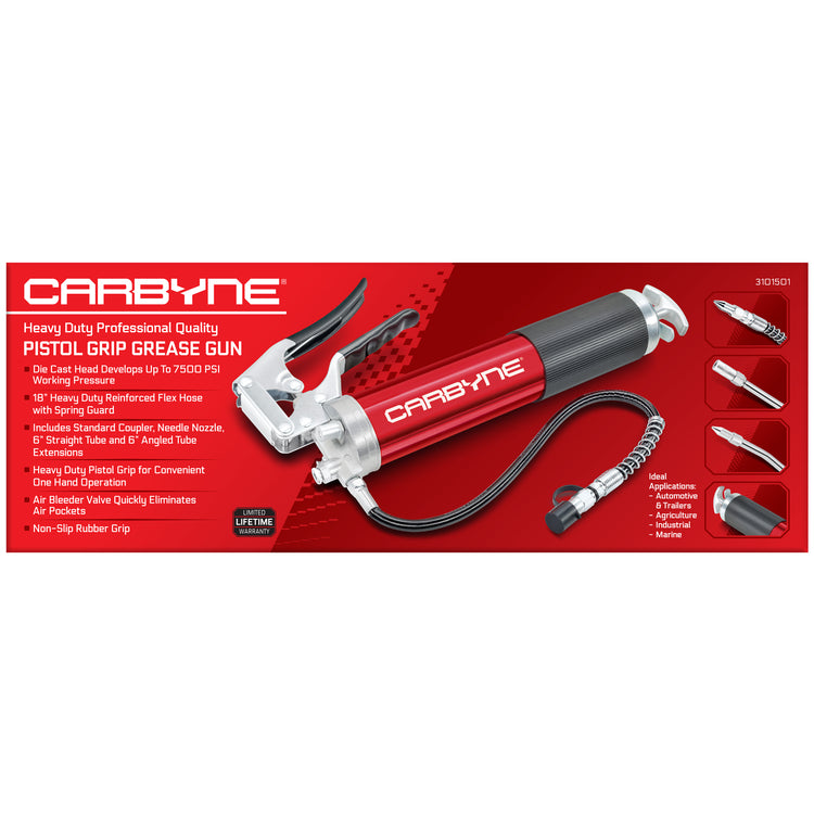 CARBYNE Grease Gun-Pistol Grip, 7500 PSI, Heavy Duty Prof. Quality, Anodized Alum Barrel. 18" HD Flex Hose, 6" Straight & Angled Tube, 3-Way Loading - Carbyne Tools