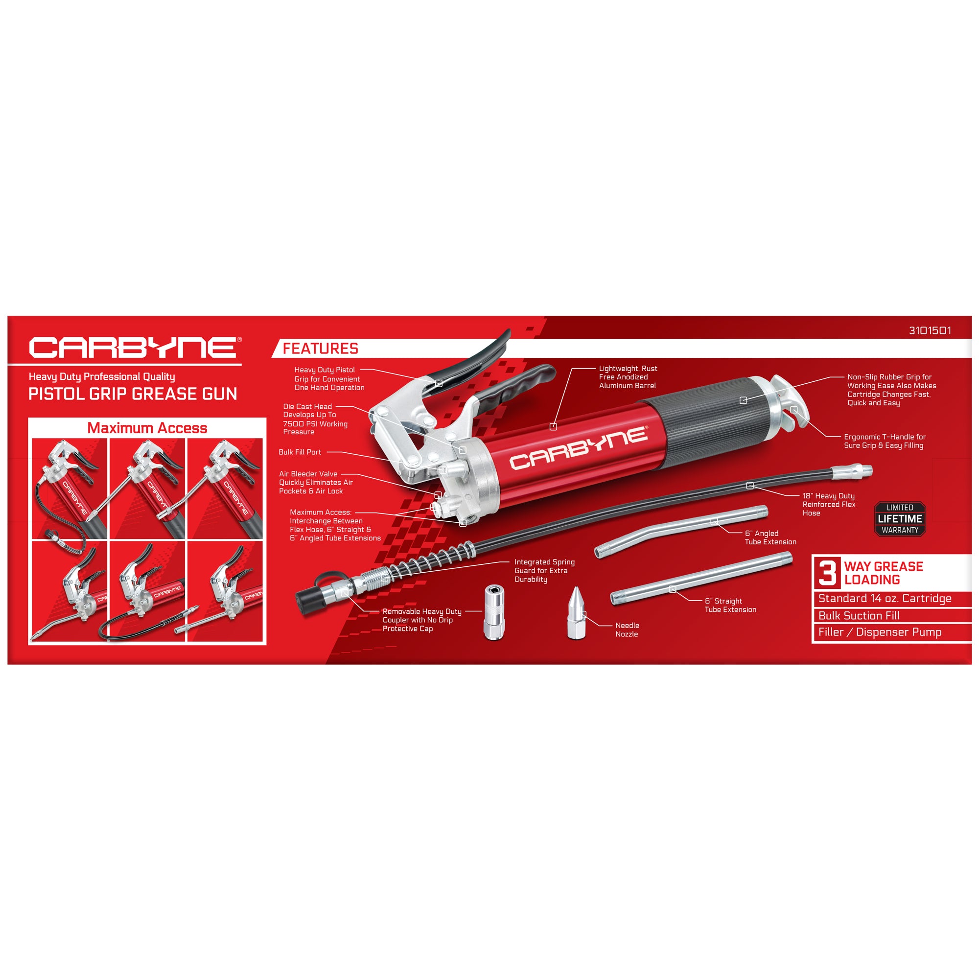 CARBYNE Grease Gun-Pistol Grip, 7500 PSI, Heavy Duty Prof. Quality, Anodized Alum Barrel. 18" HD Flex Hose, 6" Straight & Angled Tube, 3-Way Loading - Carbyne Tools