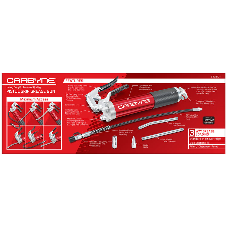 CARBYNE Grease Gun-Pistol Grip, 7500 PSI, Heavy Duty Prof. Quality, Anodized Alum Barrel. 18" HD Flex Hose, 6" Straight & Angled Tube, 3-Way Loading - Carbyne Tools