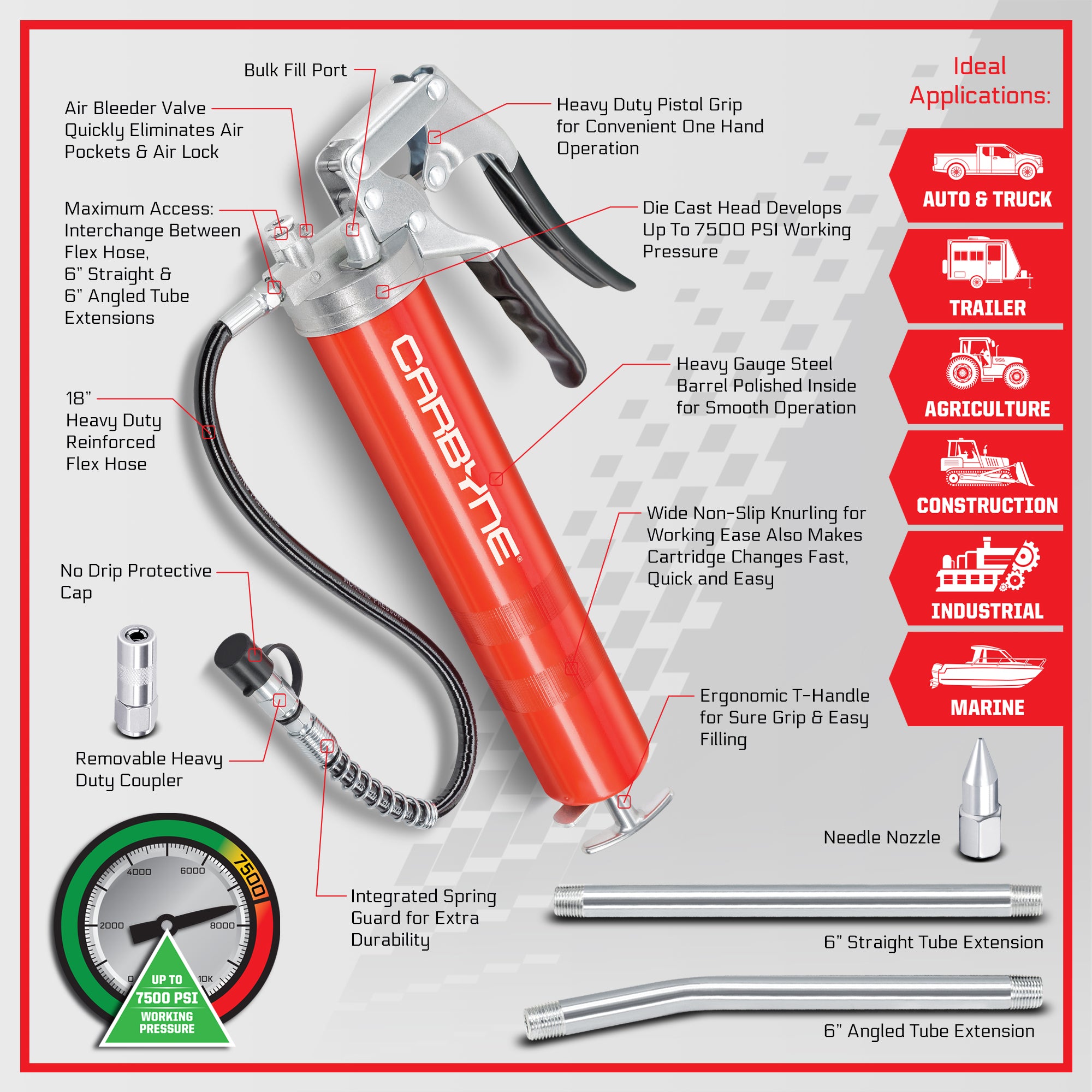 CARBYNE Grease Gun-Pistol Grip, 7500 PSI, Heavy Duty Prof. Quality, HD Steel Barrel. 18" HD Flex Hose, 6" Straight & Angled Tube, 3-Way Loading - Carbyne Tools