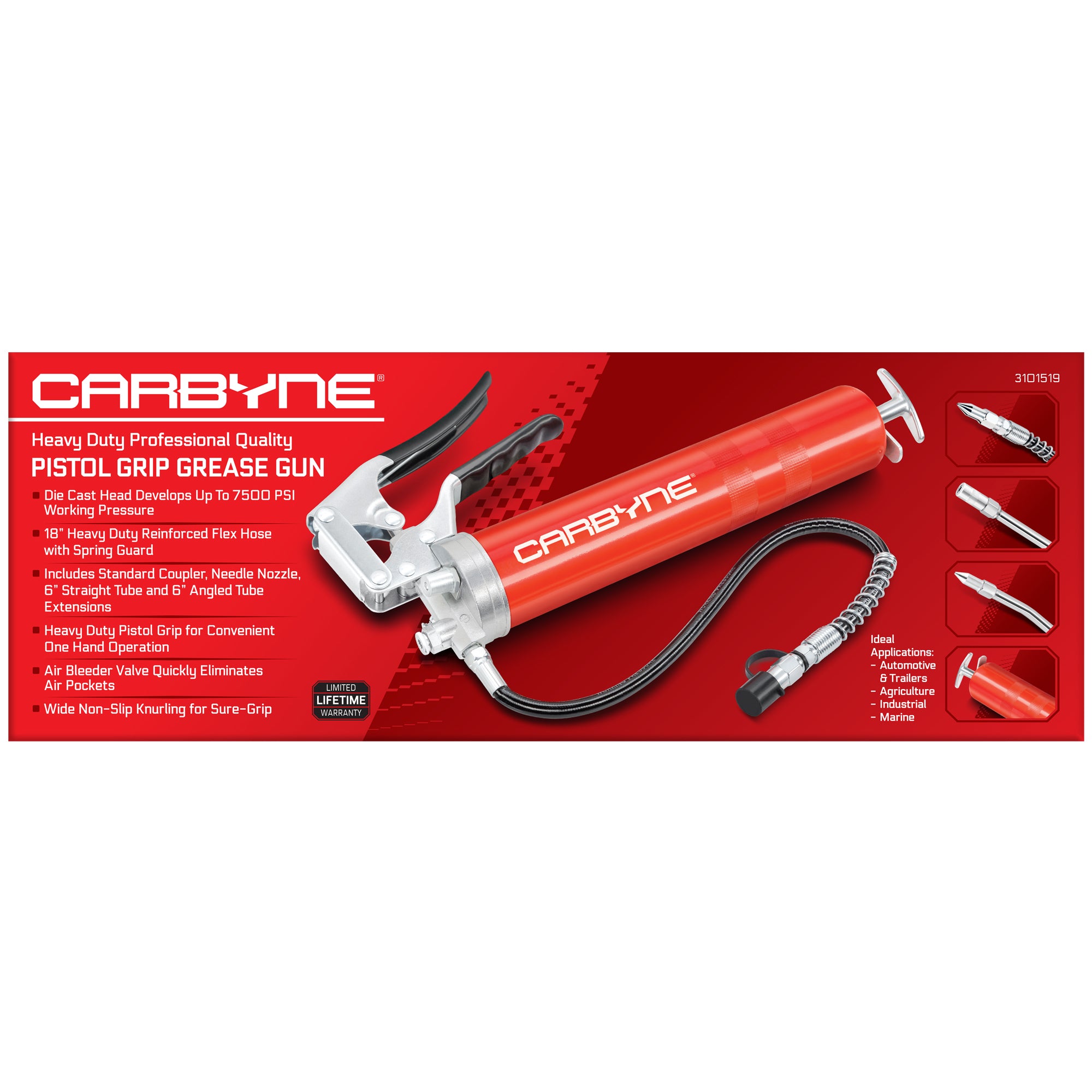 CARBYNE Grease Gun-Pistol Grip, 7500 PSI, Heavy Duty Prof. Quality, HD Steel Barrel. 18" HD Flex Hose, 6" Straight & Angled Tube, 3-Way Loading - Carbyne Tools