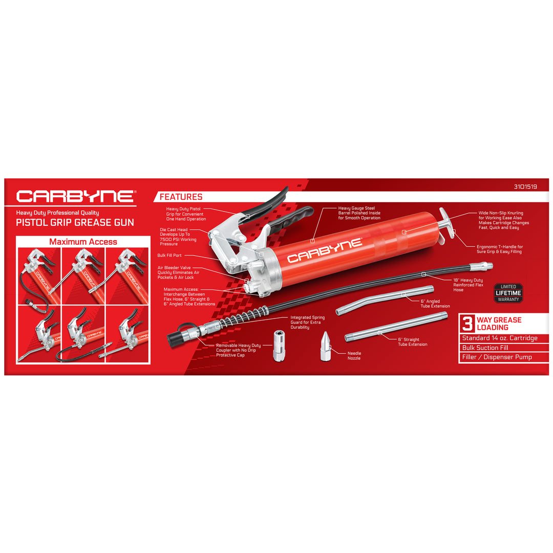 CARBYNE Grease Gun-Pistol Grip, 7500 PSI, Heavy Duty Prof. Quality, HD Steel Barrel. 18" HD Flex Hose, 6" Straight & Angled Tube, 3-Way Loading - Carbyne Tools