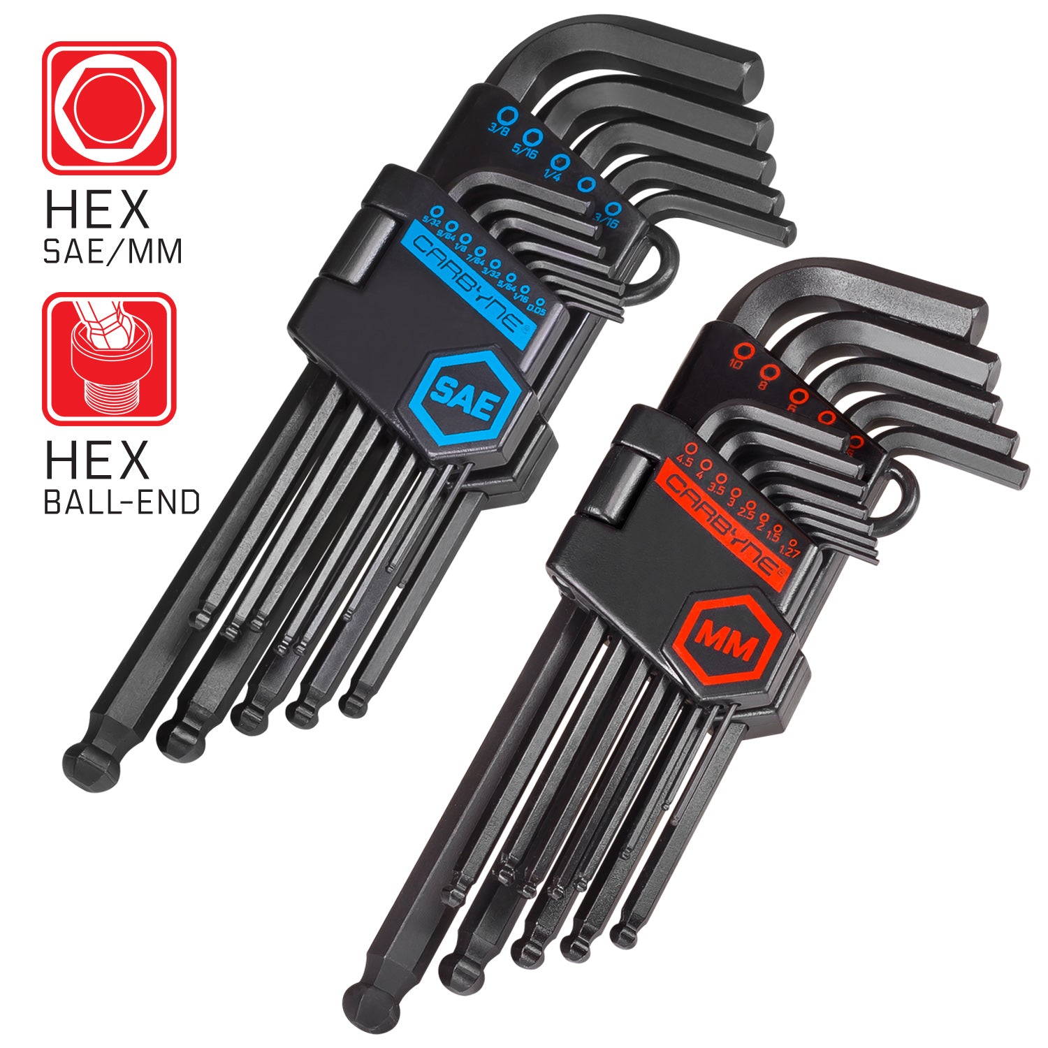 CARBYNE Long Arm Ball End Hex Key Wrench Set - 26 Piece, Inch/Metric, S2 Steel - Carbyne Tools