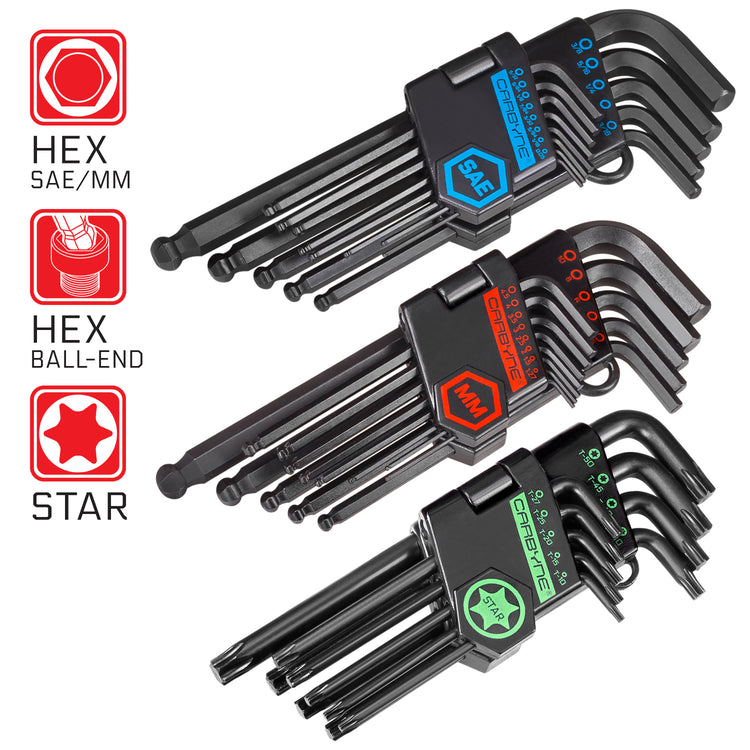 CARBYNE Long Arm Ball End Hex Key Wrench Set - 35 Piece, Inch/Metric/Star, S2 Steel - Carbyne Tools