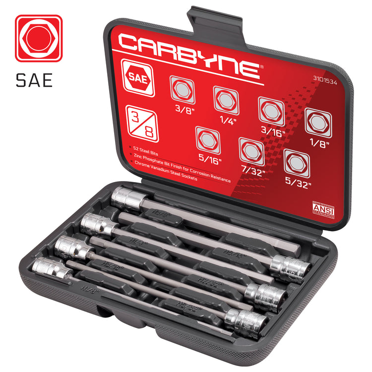 CARBYNE Extra Long Hex Bit Socket Set - 7 Piece, SAE, S2 Steel Bits | 3/8" Drive, 1/8 inch to 3/8 inch - Carbyne Tools