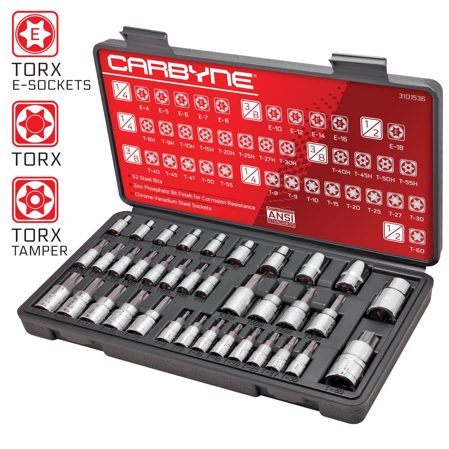 CARBYNE Torx Bit Socket & E-Socket Set - 36 Piece, S2 Steel Bits | 1/4", 3/8" & 1/2" Drive - Carbyne Tools