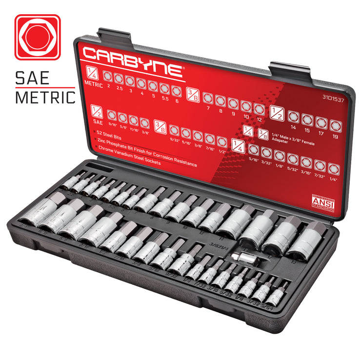 CARBYNE Master Hex Bit Socket Set - 33 Piece, SAE & Metric | S2 Steel Bits - Carbyne Tools