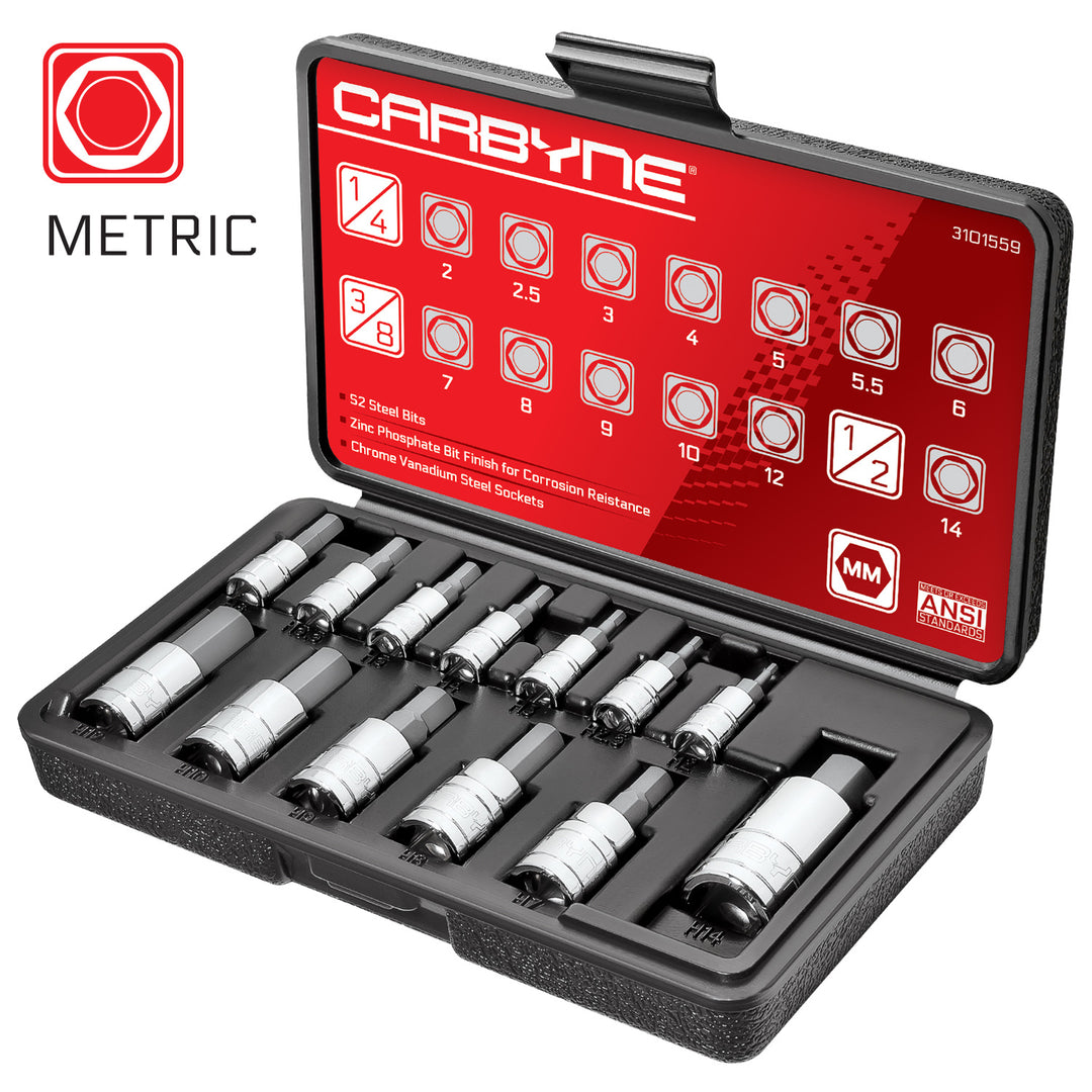 CARBYNE Hex Bit Socket Set - 13 Piece, Metric, 2mm - 14mm | S2 Steel - Carbyne Tools