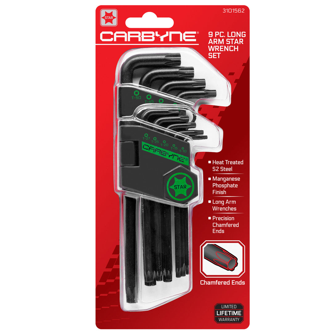 CARBYNE Long Arm Star Wrench Set - 9 Piece, T-10 to T-50 | S2 Steel - Carbyne Tools