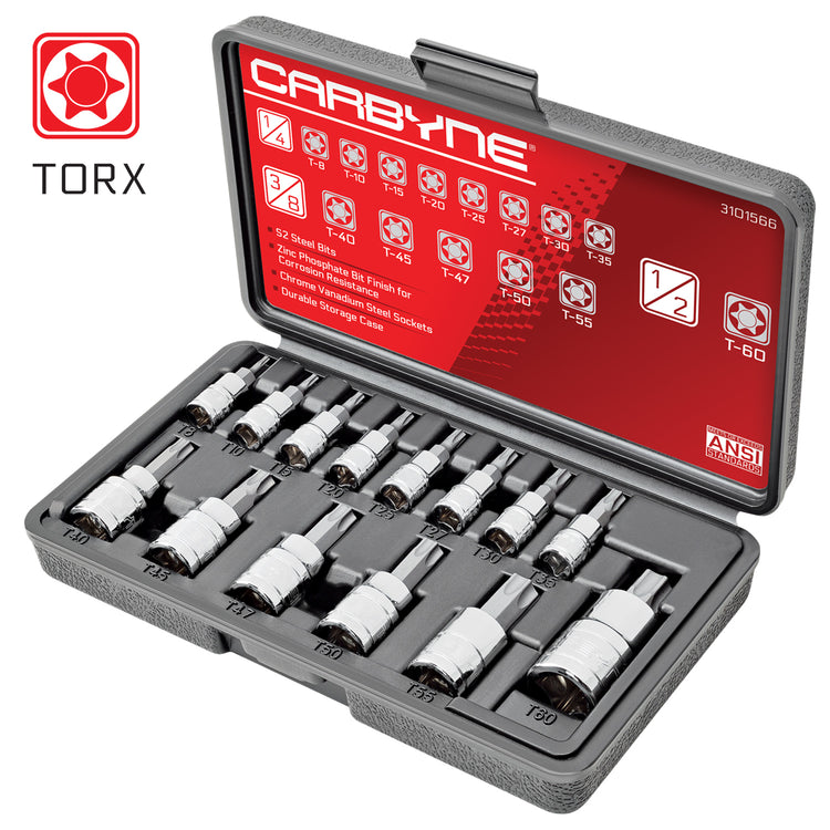 CARBYNE Torx Bit Socket Set - 14 Piece, T-8 to T-60 Sizes, S2 Steel Bits, CRV Sockets | 1/4", 3/8" & 1/2" Drive - Carbyne Tools