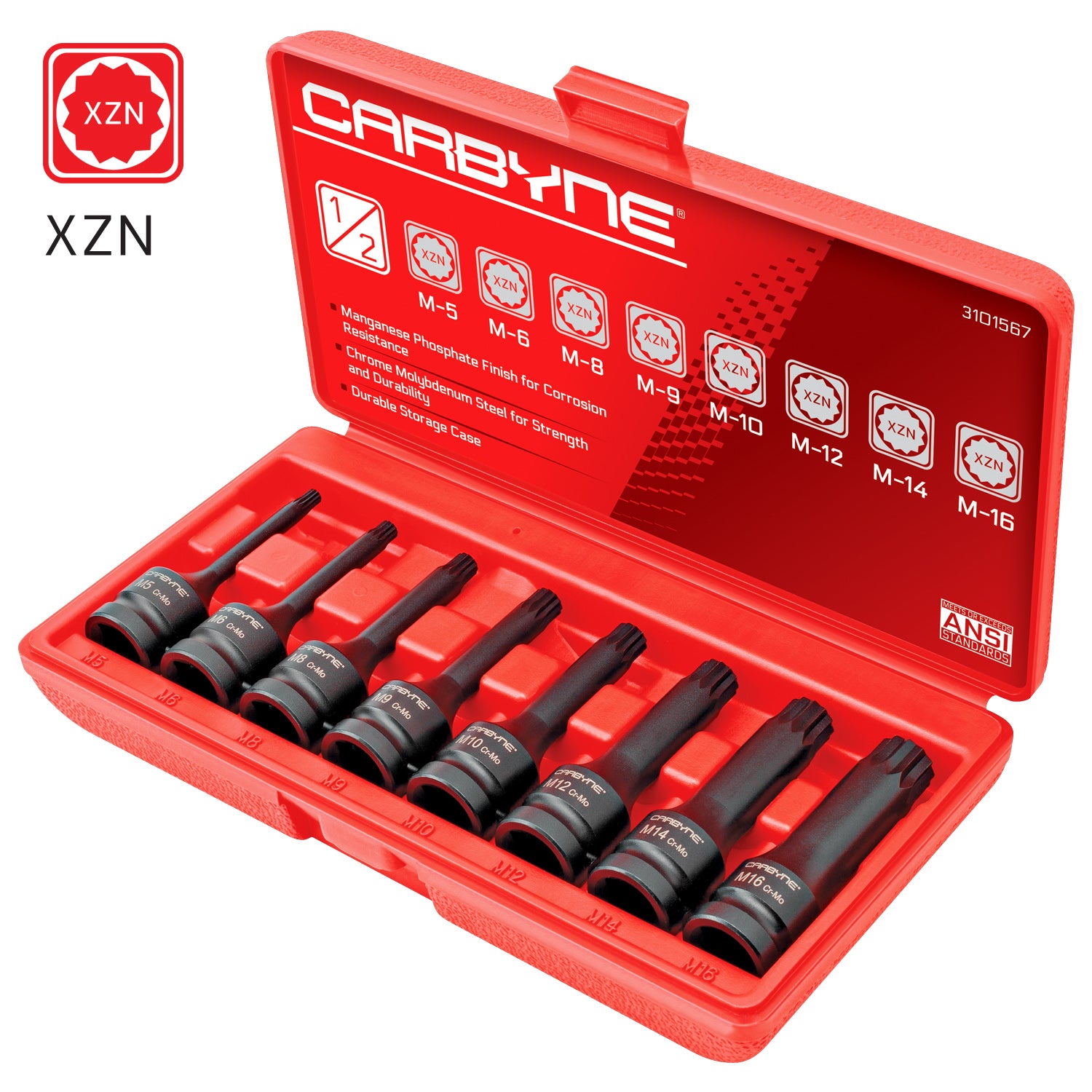 CARBYNE XZN Triple Square Spline Drive Impact Socket Set - 8 Piece, Chrome Molybdenum (Cr-Mo) Steel | Metric M5 to M16 | 1/2 inch Drive - Carbyne Tools