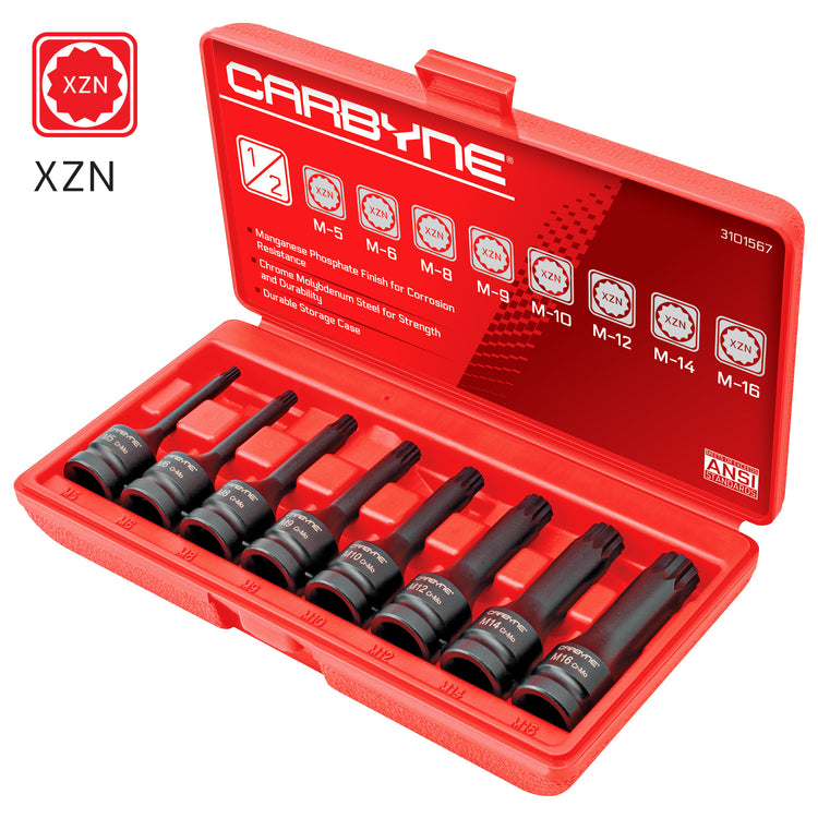 CARBYNE XZN Triple Square Spline Drive Impact Socket Set - 8 Piece, Chrome Molybdenum (Cr-Mo) Steel | Metric M5 to M16 | 1/2 inch Drive - Carbyne Tools