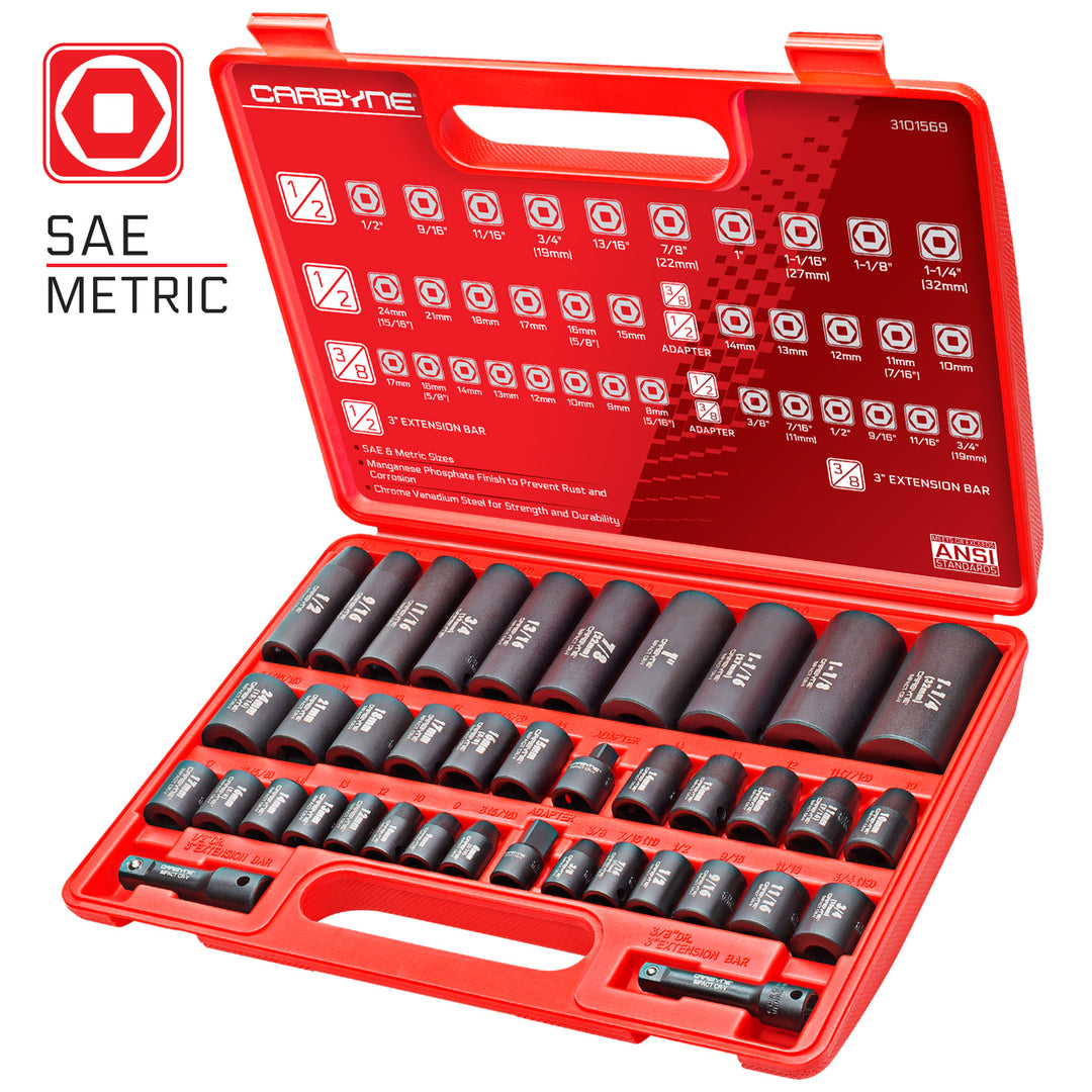 CARBYNE Impact Socket Set - 40 Piece, SAE & Metric, Standard and Deep Sockets, 3/8 inch & 1/2 inch Drive, Cr-V Steel - Carbyne Tools