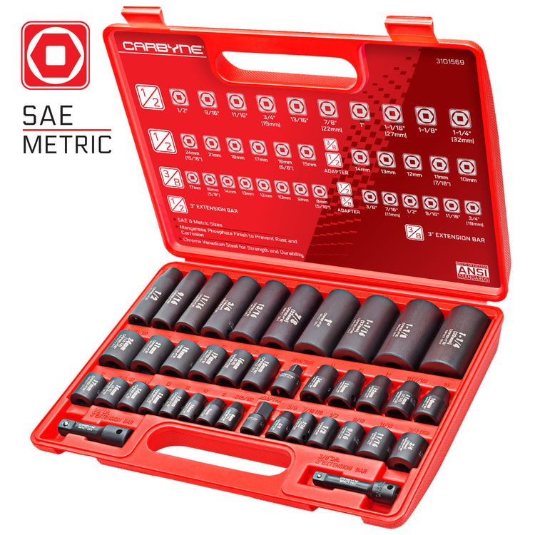 CARBYNE Impact Socket Set - 40 Piece, SAE & Metric, Standard and Deep Sockets, 3/8 inch & 1/2 inch Drive, Cr-V Steel - Carbyne Tools