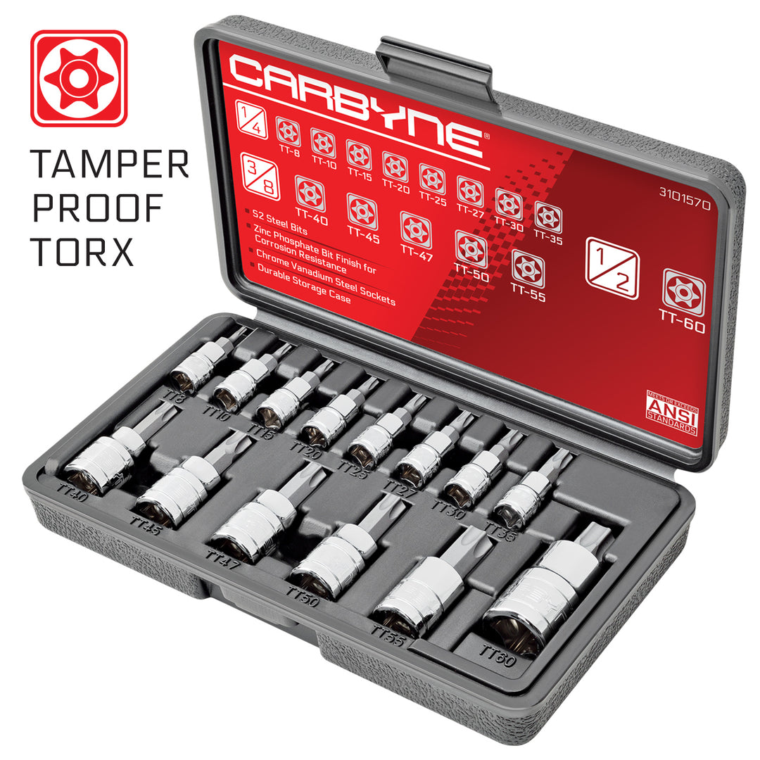 CARBYNE Tamper Proof Torx Bit Socket Set - 14 Piece, T-8 to T-60 Sizes, S2 Steel Bits, CRV Sockets | 1/4", 3/8" & 1/2" Drive - Carbyne Tools