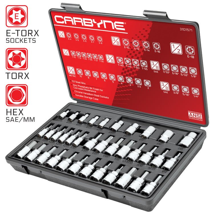 CARBYNE Hex, Torx Bit Socket & E-Torx Socket Set - 36 Piece, S2 Steel | 1/4", 3/8" & 1/2" Drive - Carbyne Tools