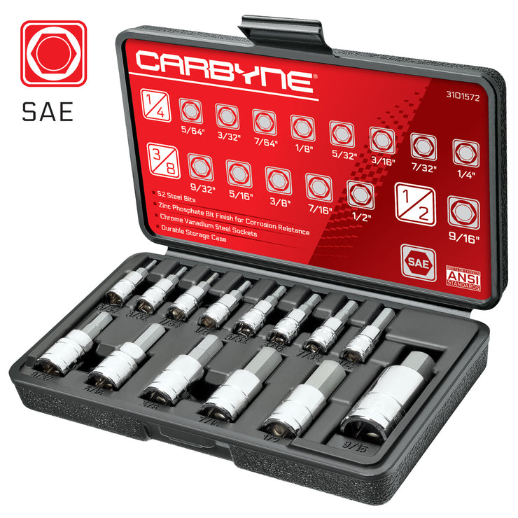 CARBYNE Hex Bit Socket Set - 14 Piece, SAE, S2 Steel | 1/4", 3/8" & 1/2" Drive - Carbyne Tools