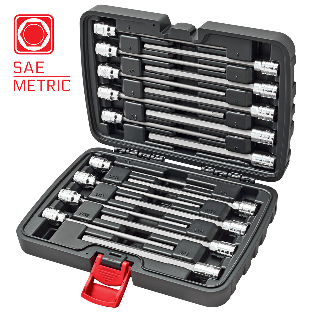 CARBYNE Extra Long Hex Bit Socket Set - 18 Piece, SAE & Metric, S2 Steel Bits | 3/8" Drive, 1/8" to 3/8" & 3mm to 10mm - Carbyne Tools