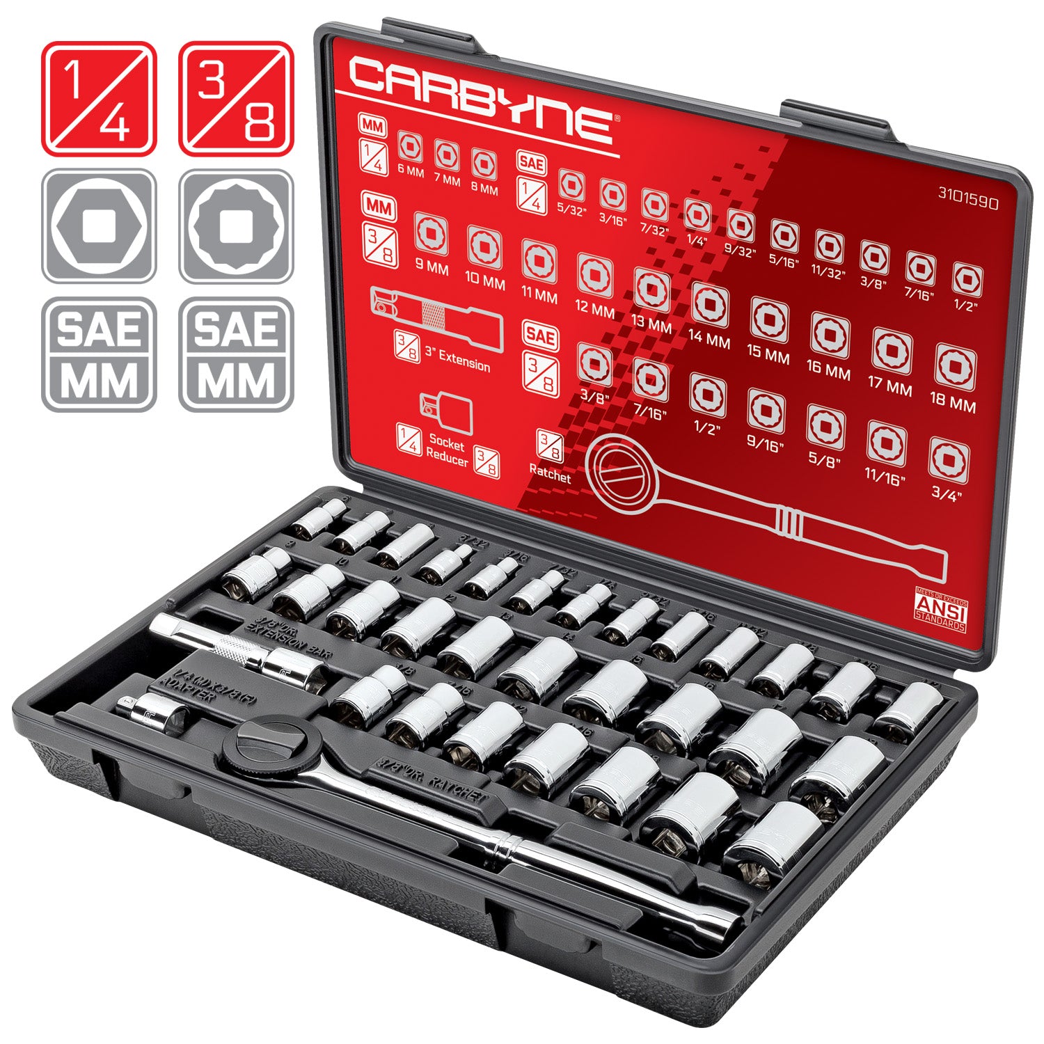 CARBYNE 34 Piece Socket Set | SAE & Metric, Chrome Vanadium Steel, 6 & 12 Point - Carbyne Tools