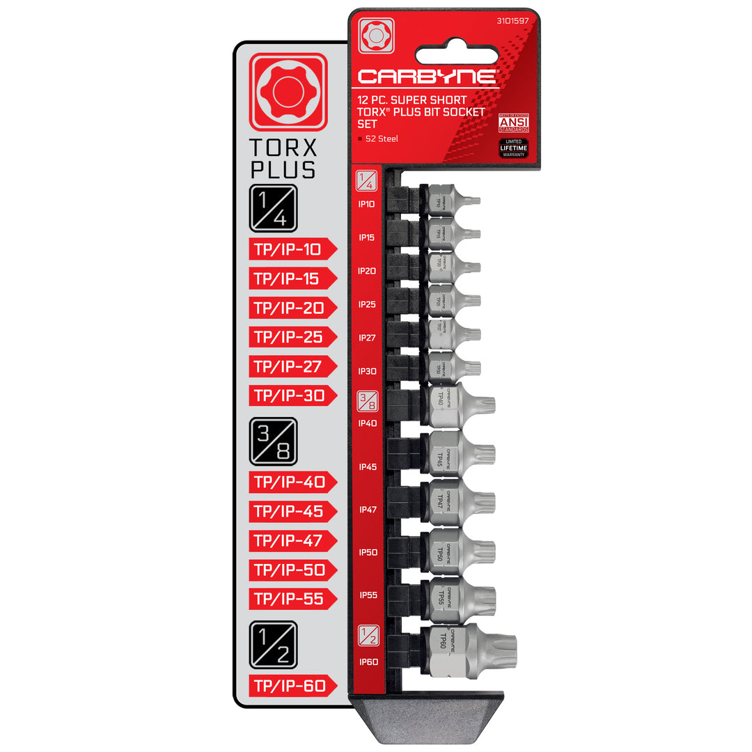 CARBYNE Super Short Torx Plus (aka 6 Lobe) Bit Socket Set - 12 Piece, TP10/IP10 to TP60/IP60 | S2 Steel - Carbyne Tools