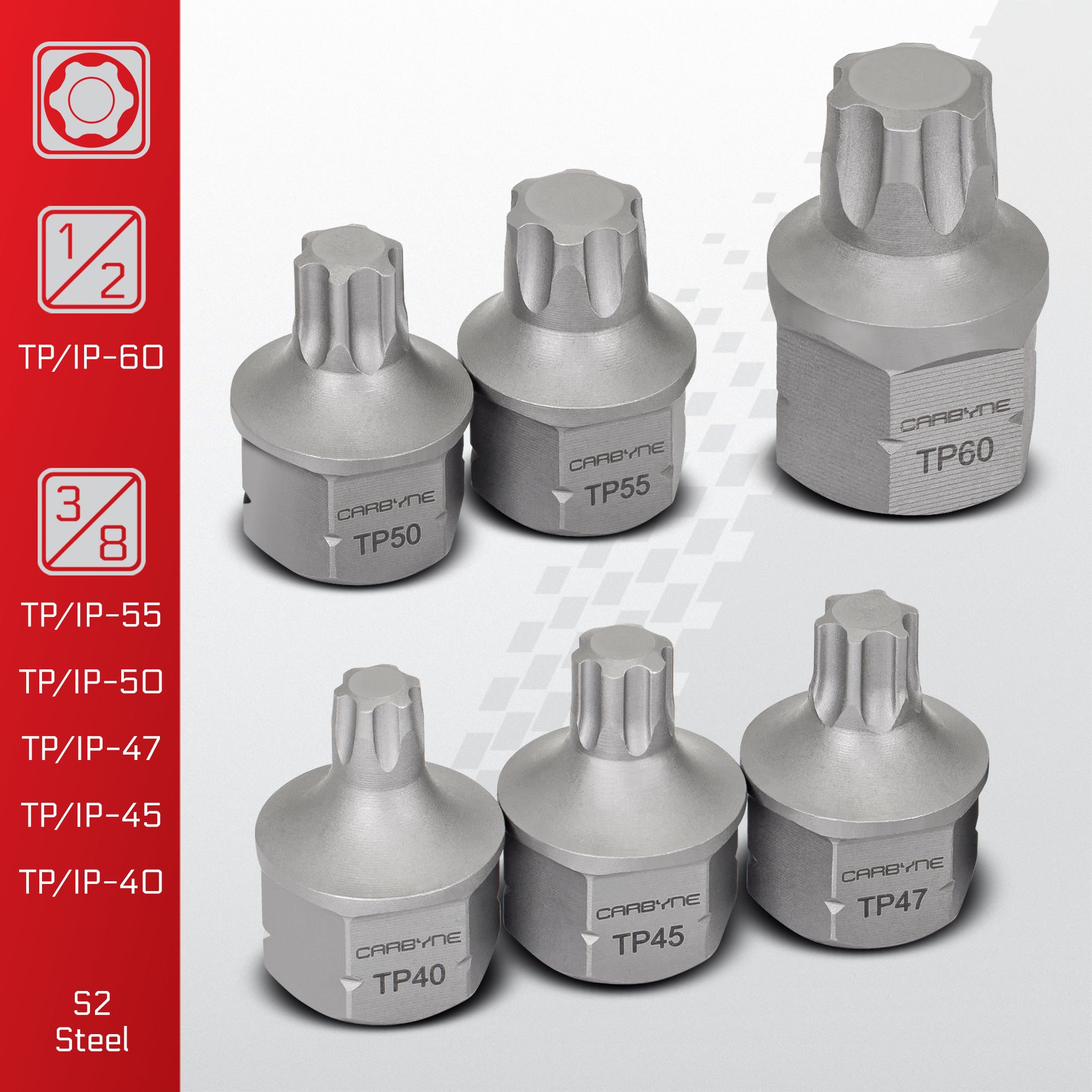 CARBYNE Torx Plus (aka 6 Lobe) Bit Socket Set - 13 Piece, TP-8/IP-8 to TP-60/IP-60, S2 Steel Bits, CRV Sockets | 1/4-inch, 3/8-inch ＆ 1/2-inc並行輸入 CARBYNE 9-Piece External Torx Plus (eTorx Plus, aka 6 Lobe, Female Torx  Plus) Socket Set, E6 to E18 | CrV Steel, 1⁄4, 3⁄8, \u0026 1⁄2 inch Drive \u2022 From  a