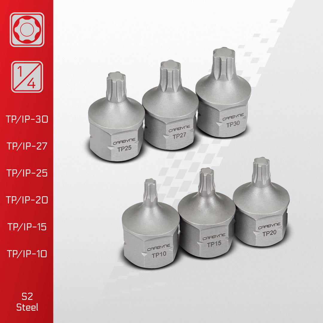 CARBYNE Super Short Torx Plus (aka 6 Lobe) Bit Socket Set - 12 Piece, TP10/IP10 to TP60/IP60 | S2 Steel - Carbyne Tools