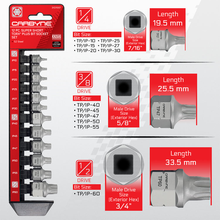 CARBYNE Super Short Torx Plus (aka 6 Lobe) Bit Socket Set - 12 Piece, TP10/IP10 to TP60/IP60 | S2 Steel - Carbyne Tools