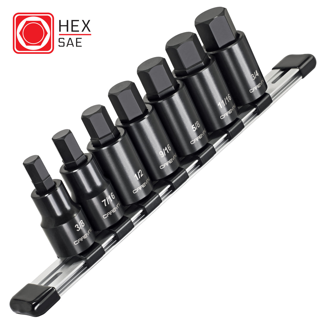 CARBYNE 7 Pc. Hex Bit Impact Socket Set - SAE, S2 Steel Bits | 1/2" Drive, 3/8 to 3/4" Hex - Carbyne Tools