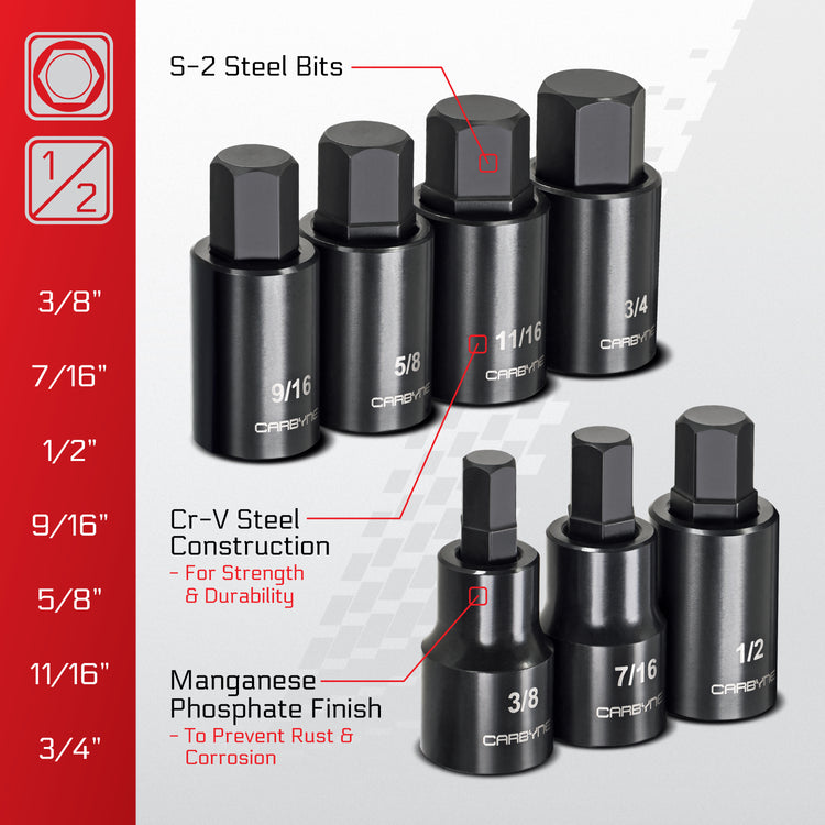 CARBYNE 7 Pc. Hex Bit Impact Socket Set - SAE, S2 Steel Bits | 1/2" Drive, 3/8 to 3/4" Hex - Carbyne Tools