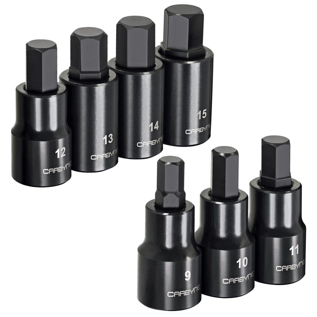 CARBYNE 7 Pc. Hex Bit Impact Socket Set – Metric, S2 Steel Bits | 1/2" Drive, 9mm to 15mm Hex - Carbyne Tools