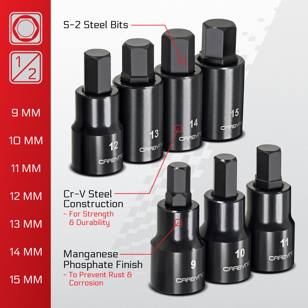 CARBYNE 7 Pc. Hex Bit Impact Socket Set – Metric, S2 Steel Bits | 1/2" Drive, 9mm to 15mm Hex - Carbyne Tools