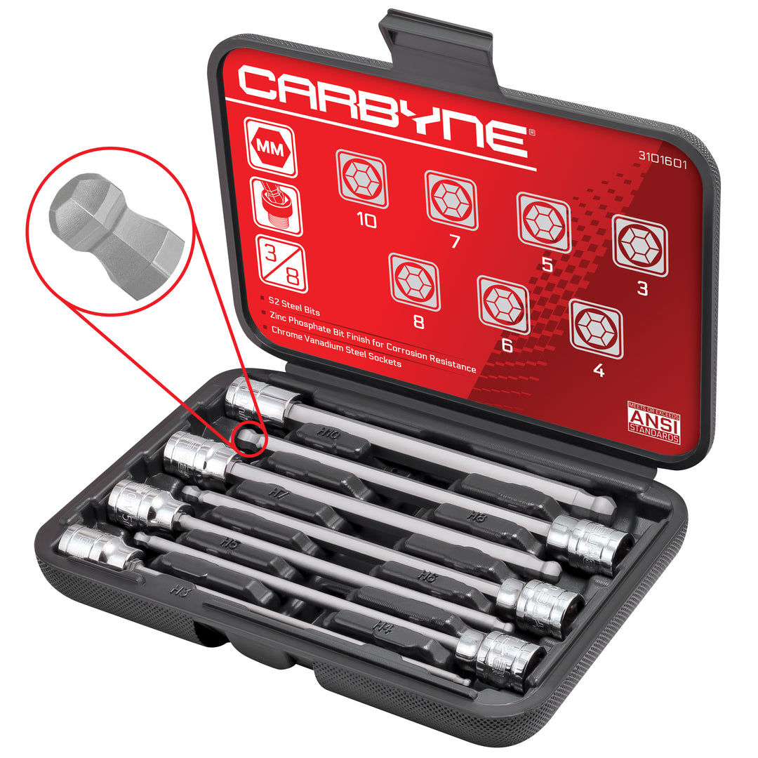 CARBYNE 7 Piece Extra Long Ball End Hex Bit Socket Set - Metric, S2 Steel Bits | 3/8" Drive, 3mm to 10mm - Carbyne Tools