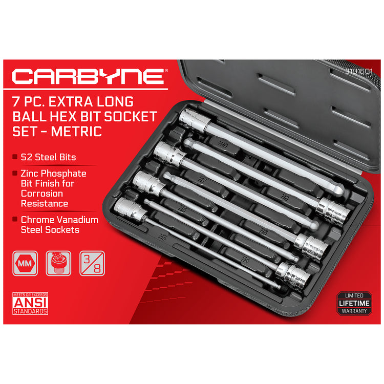 CARBYNE 7 Piece Extra Long Ball End Hex Bit Socket Set - Metric, S2 Steel Bits | 3/8" Drive, 3mm to 10mm - Carbyne Tools