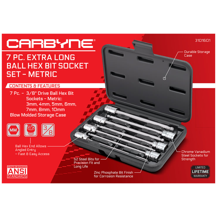 CARBYNE 7 Piece Extra Long Ball End Hex Bit Socket Set - Metric, S2 Steel Bits | 3/8" Drive, 3mm to 10mm - Carbyne Tools
