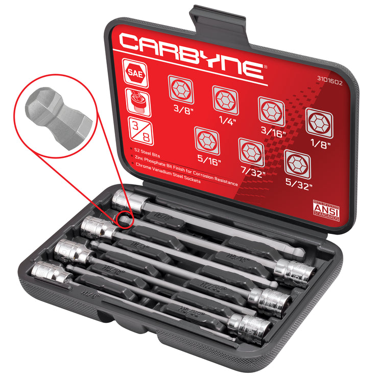 CARBYNE 7 Piece Extra Long Ball End Hex Bit Socket Set - SAE, S2 Steel Bits | 3/8" Drive, 1/8 inch to 3/8 inch - Carbyne Tools