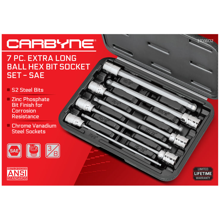 CARBYNE 7 Piece Extra Long Ball End Hex Bit Socket Set - SAE, S2 Steel Bits | 3/8" Drive, 1/8 inch to 3/8 inch - Carbyne Tools