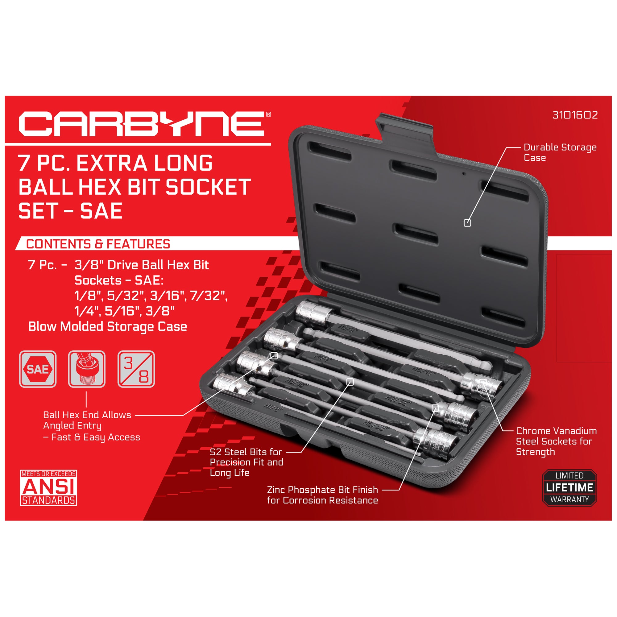 CARBYNE 7 Piece Extra Long Ball End Hex Bit Socket Set - SAE, S2 Steel Bits | 3/8" Drive, 1/8 inch to 3/8 inch - Carbyne Tools