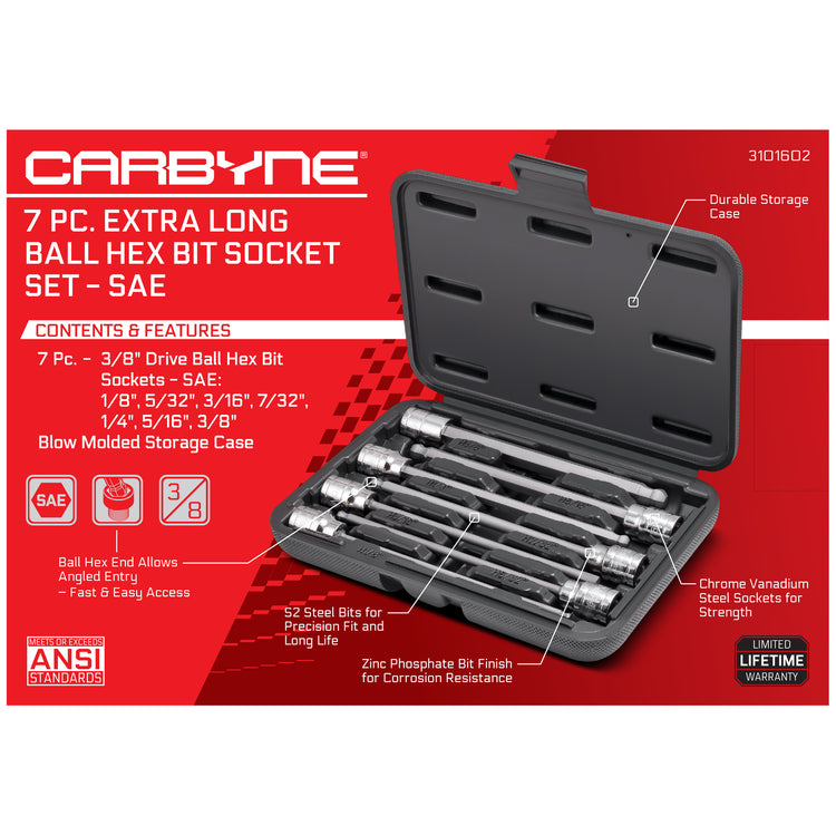 CARBYNE 7 Piece Extra Long Ball End Hex Bit Socket Set - SAE, S2 Steel Bits | 3/8" Drive, 1/8 inch to 3/8 inch - Carbyne Tools