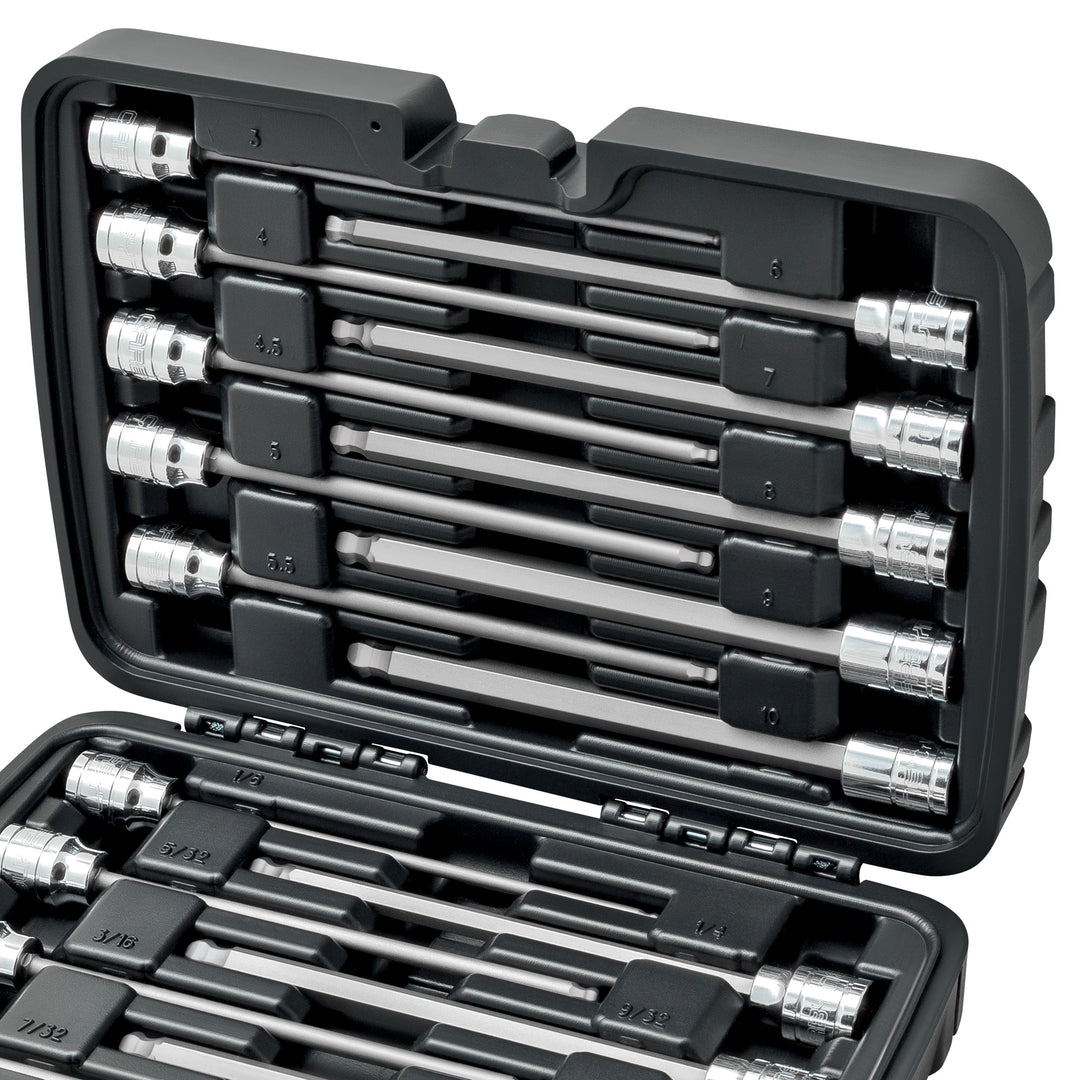 CARBYNE Extra Long Ball End Hex Bit Socket Set - 18 Piece - SAE & Metric, S2 Steel Bits | 3/8" Drive, 1/8" to 3/8" & 3mm to 10mm - Carbyne Tools