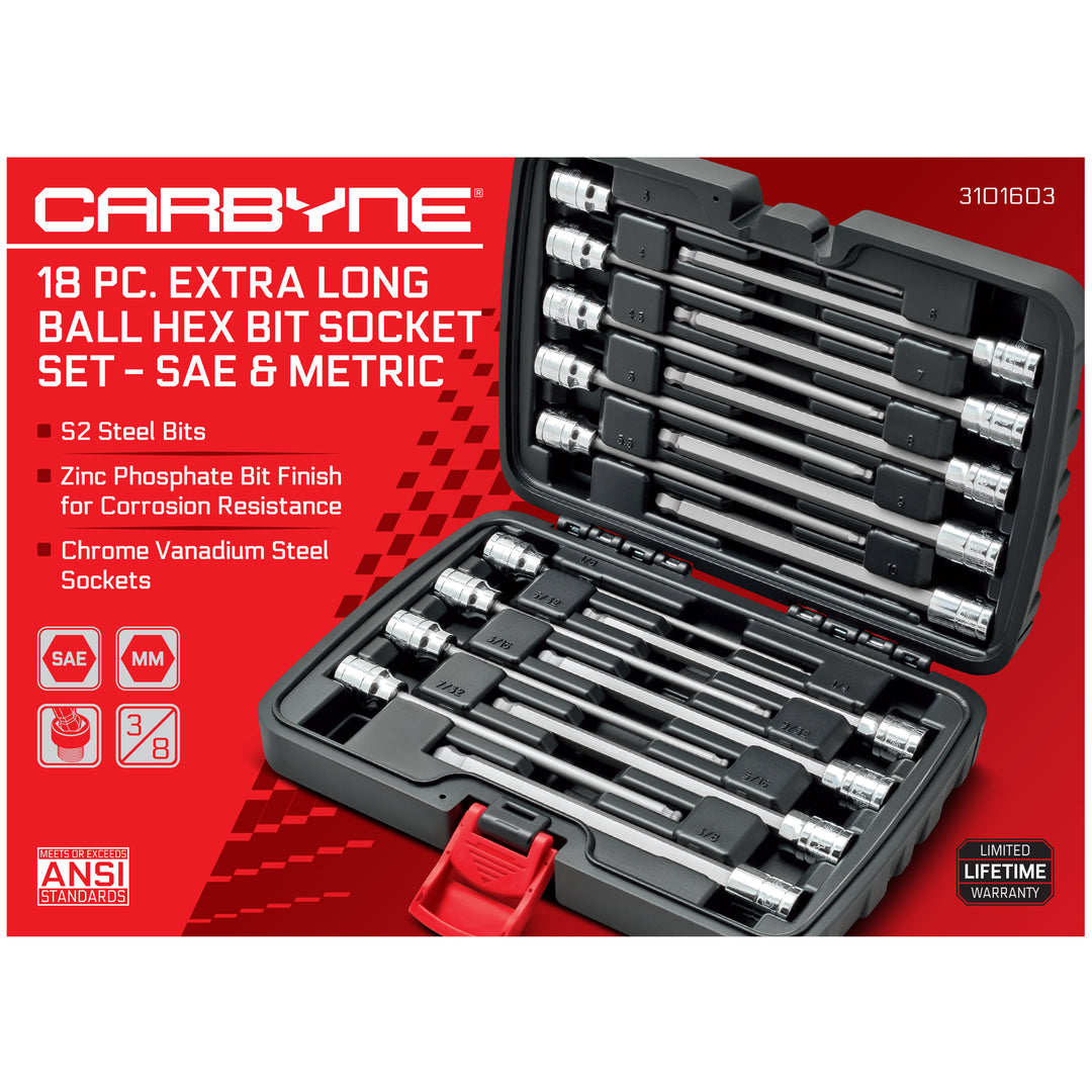 CARBYNE Extra Long Ball End Hex Bit Socket Set - 18 Piece - SAE & Metric, S2 Steel Bits | 3/8" Drive, 1/8" to 3/8" & 3mm to 10mm - Carbyne Tools