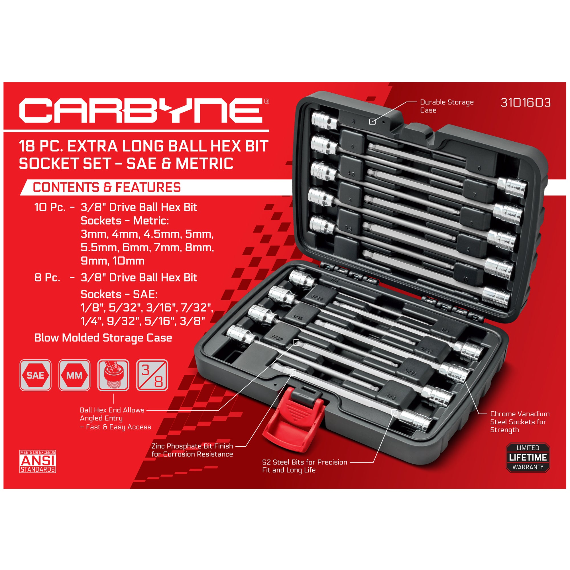 CARBYNE Extra Long Ball End Hex Bit Socket Set - 18 Piece - SAE & Metric, S2 Steel Bits | 3/8" Drive, 1/8" to 3/8" & 3mm to 10mm - Carbyne Tools