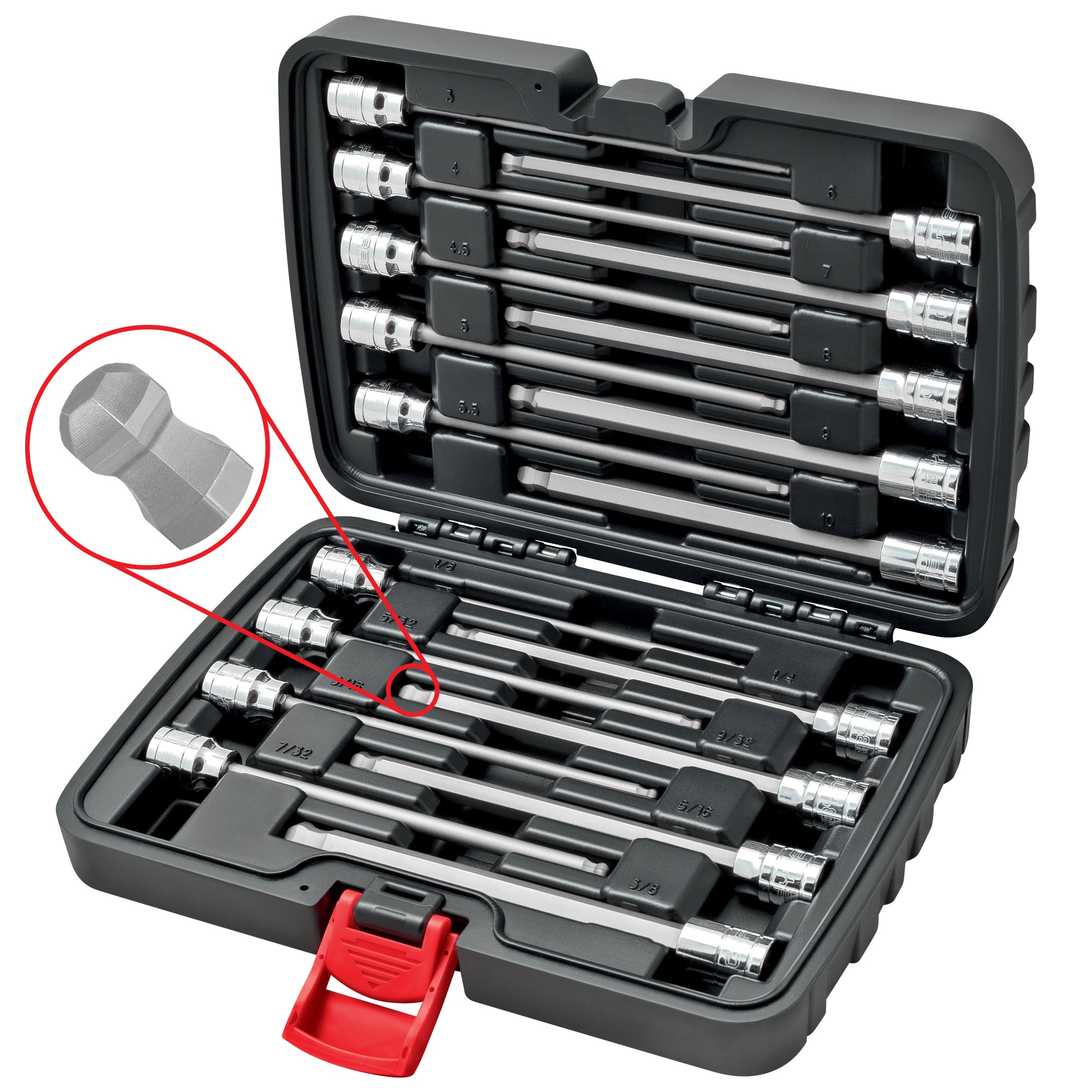 CARBYNE Extra Long Ball End Hex Bit Socket Set - 18 Piece - SAE & Metric, S2 Steel Bits | 3/8" Drive, 1/8" to 3/8" & 3mm to 10mm - Carbyne Tools