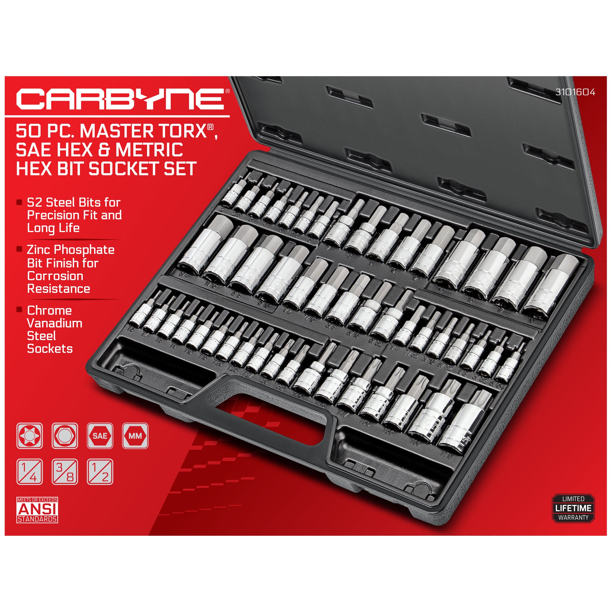 CARBYNE 50 Piece Master Torx, SAE Hex & Metric Hex Bit Socket Set, S2 Steel Bits | Torx, SAE & Metric - Carbyne Tools