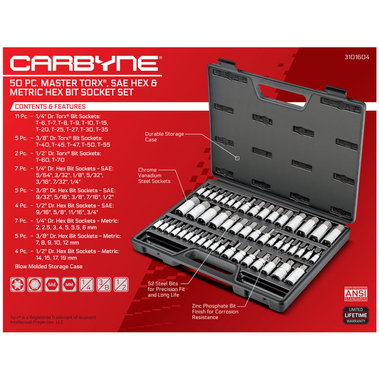 CARBYNE 50 Piece Master Torx, SAE Hex & Metric Hex Bit Socket Set, S2 Steel Bits | Torx, SAE & Metric - Carbyne Tools