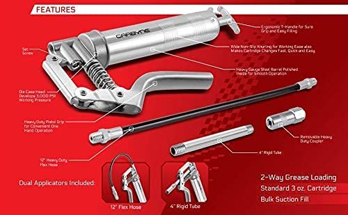 CARBYNE Mini Grease Gun - Pistol Grip, 3000 PSI, Heavy Duty Professional Quality. 12" Flex Hose and 4" Rigid Extension - Carbyne Tools