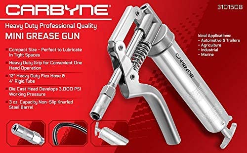 CARBYNE Mini Grease Gun - Pistol Grip, 3000 PSI, Heavy Duty Professional Quality. 12" Flex Hose and 4" Rigid Extension - Carbyne Tools
