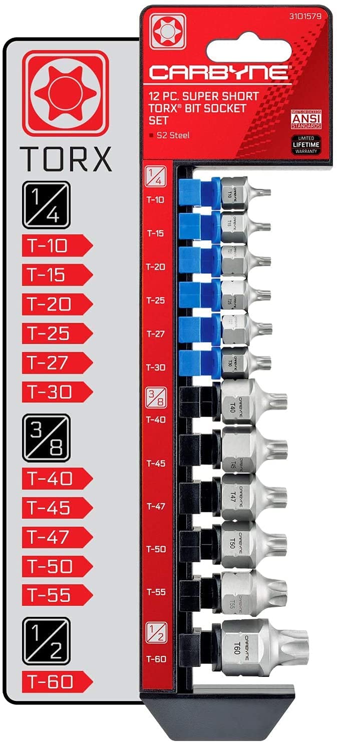 CARBYNE Super Short Torx Bit Socket Set - 12 Piece , T-10 to T-60 | S2 Steel - Carbyne Tools